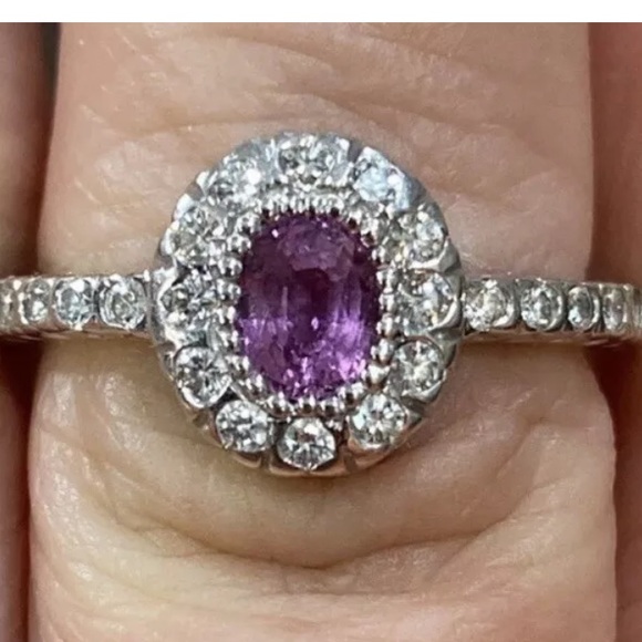 14k GENUINE Pink Sapphire & Diamond Halo Ring - Picture 6 of 15